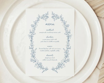 RECEPTION MENU, Bar Drinks Menu, French Blue Floral Border, 4x9 and 5x7 size Options, Hand Drawn Floral Menu Canva Template for Wedding