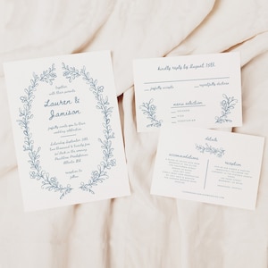 HOCHZEITSEINLADUNG Set - Blumenrahmen-Einladung mit Antwortkarte & Detailkarte, handgezeichnete botanische, bearbeitbare Vorlage Canva Digitales Briefpapier