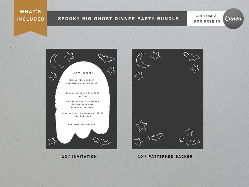 Cute Halloween Ghost Silhouette Invitation, Halloween Dinner Party, Big Ghost Editable Invite Template, Black White Halloween, Canva Invite image 4