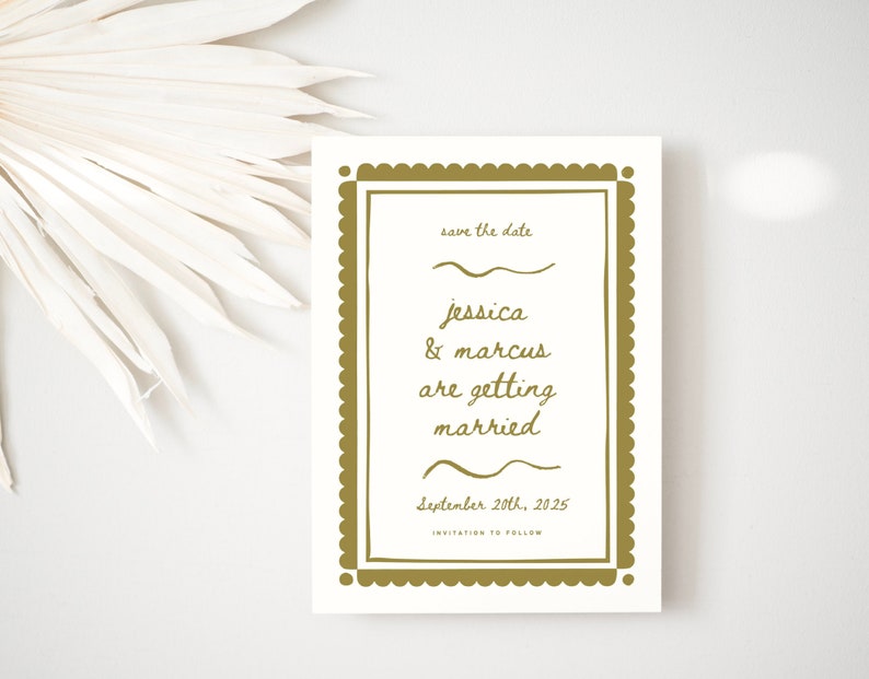 Hand-Drawn Vintage French Simple scallop Save the Date printable template for canva, editable save the date card with photo backer