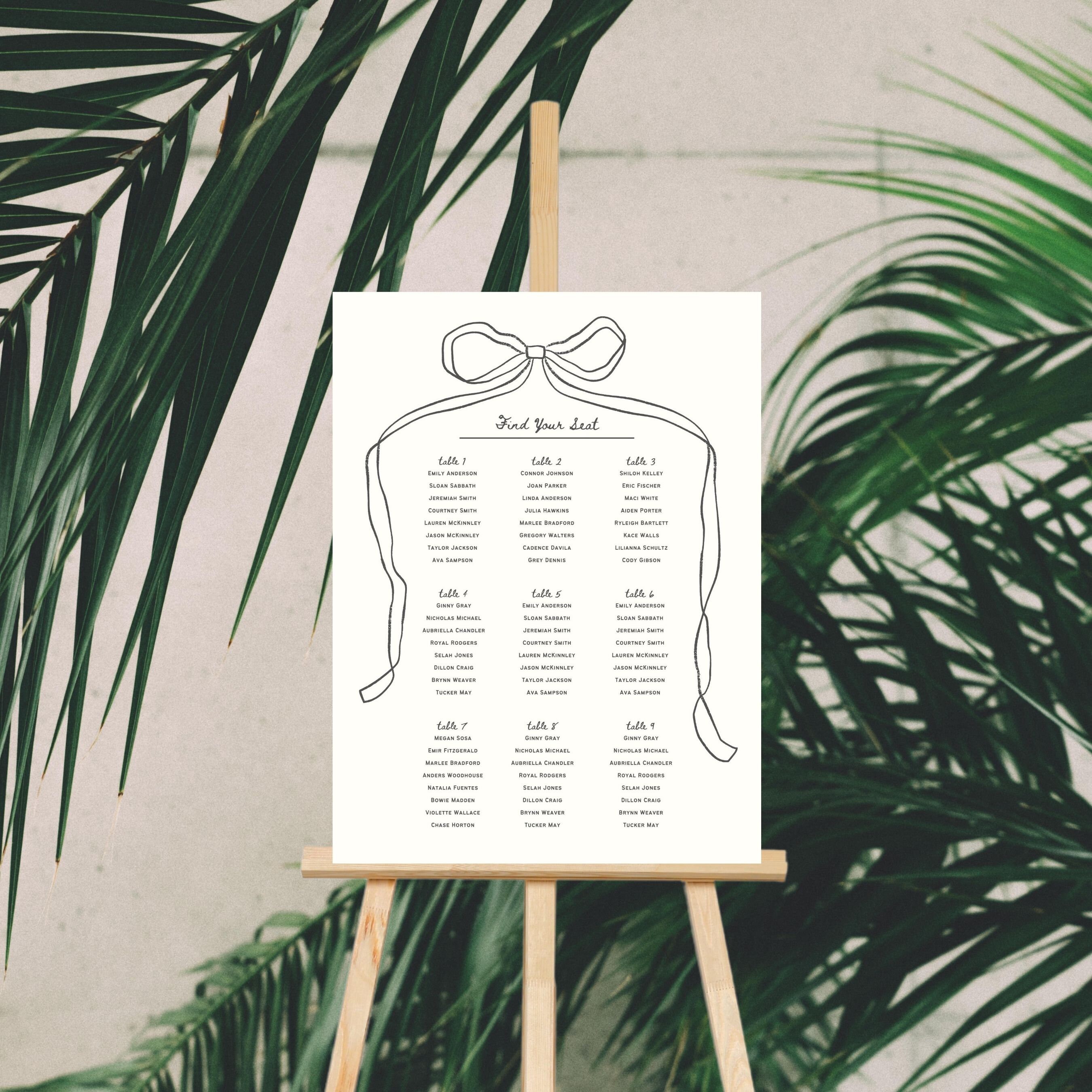 SEATING CHART Reception Signage Simple Ribbon Bow, Printable Wedding ...