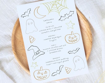 Spooky Halloween Party Menu & Place Card Bundle, Halloween Invitation Template, Custom Halloween Canva Template, Ghosts Bats Spooky Party