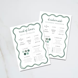 hand-drawn wavy squiggle border bridesmaid & maid of honor, flower girl proposal card with coordinating info cards, editable canva template, printable wedding stationery