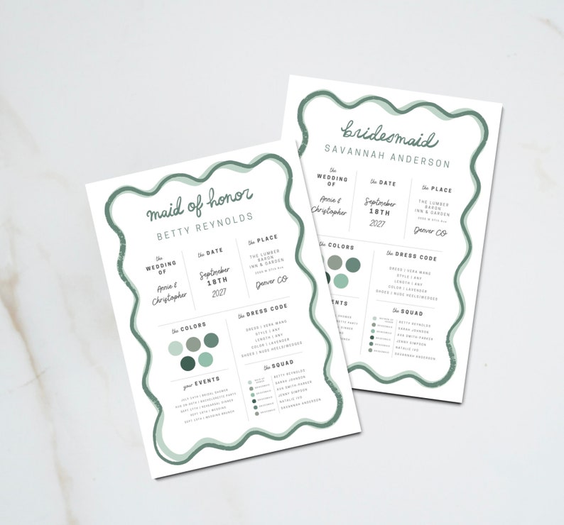 hand-drawn wavy squiggle border bridesmaid & maid of honor, flower girl proposal card with coordinating info cards, editable canva template, printable wedding stationery