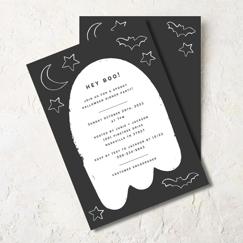 Cute and Spooky Ghost Silhouette Halloween Party Invitation, editable template in Canva, instant download