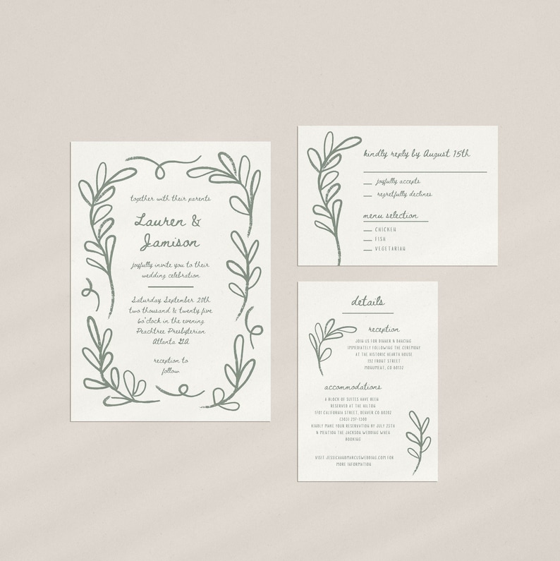 Hand Drawn Botanical Floral Wedding Invitation Suite, vintage french look, editable canva templates, printable wedding stationery, rsvp and details card included