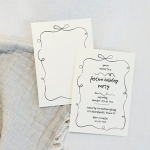 HandDrawn Bow and Ribbon Swirl Simple Neutral Minimal Boho Holiday Invite Template,  editable in canva, printable Invite by Hey Kelly Studio, DIY christmas holiday invitation template