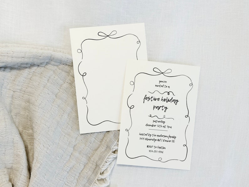 HandDrawn Bow and Ribbon Swirl Simple Neutral Minimal Boho Holiday Invite Template,  editable in canva, printable Invite by Hey Kelly Studio, DIY christmas holiday invitation template