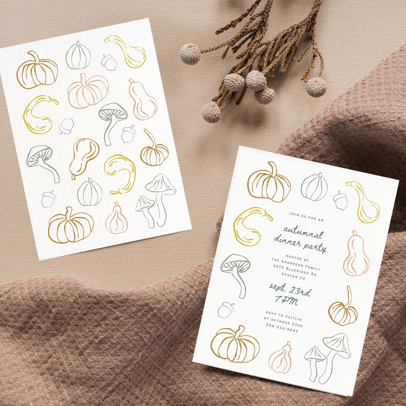Friendsgiving Dinner Party Invitation, Pastel Pumpkin Gourds ...