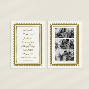 Hand-Drawn Vintage French Simple scallop Save the Date printable template for canva, editable save the date card with photo backer