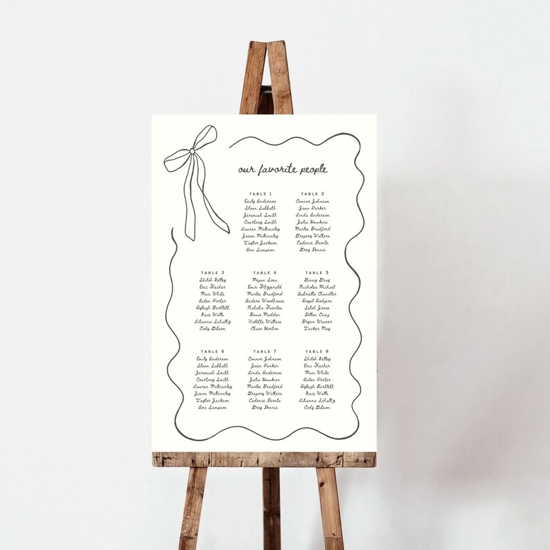 Hand Drawn squiggle wavy ribbon bow Reception Seating Chart, French Vintage Inspired Table plan for wedding, editable template for Canva, printable wedding signage, find your seat
