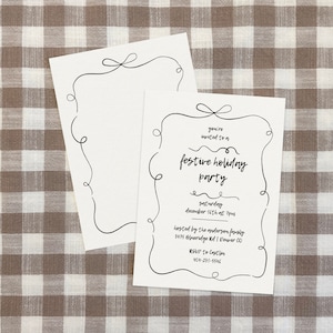 HandDrawn Bow and Ribbon Swirl Simple Neutral Minimal Boho Holiday Invite Template,  editable in canva, printable Invite by Hey Kelly Studio, DIY christmas holiday invitation template