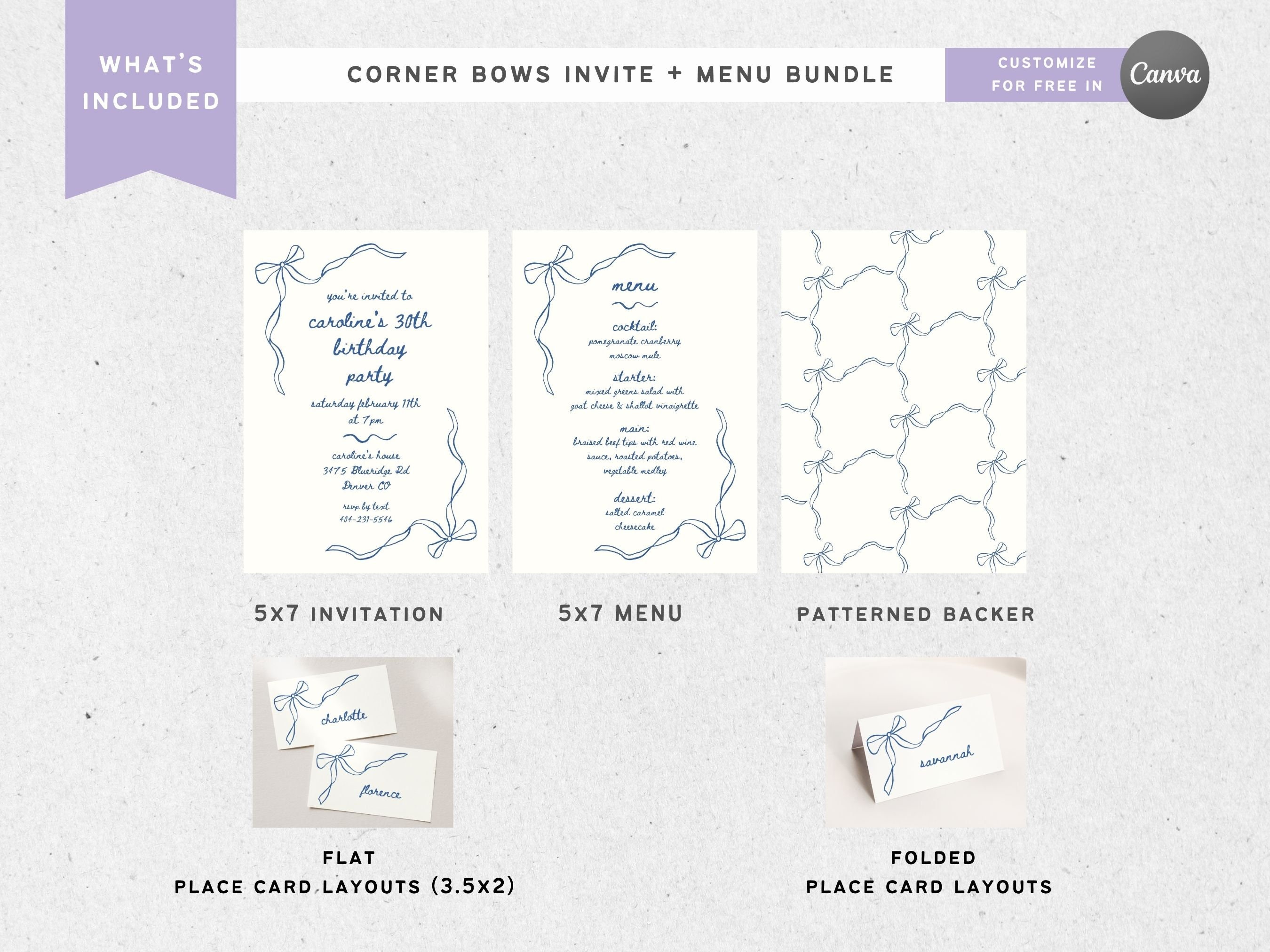 Menu Order Invite Ribbon Bow Invite Menu & Placecard Template, DIY Dinner Party Birthday ...