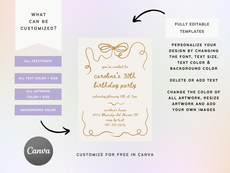 Hand-drawn Bow Ribbon Invite Template, DIY Birthday Party Brunch ...