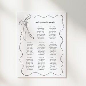 Hand Drawn squiggle wavy ribbon bow Reception Seating Chart, French Vintage Inspired Table plan for wedding, editable template for Canva, printable wedding signage, find your seat