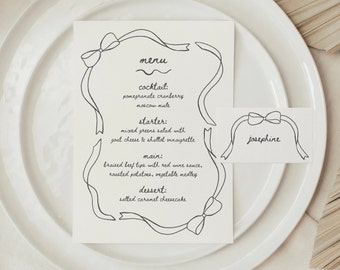 Bow Ribbon Menu & Placecard Template, DIY Bow Brunch Menu, Wedding Menu, Hand-drawn Ribbon Bow, Minimalistic Aesthetic Neutral Cards Canva