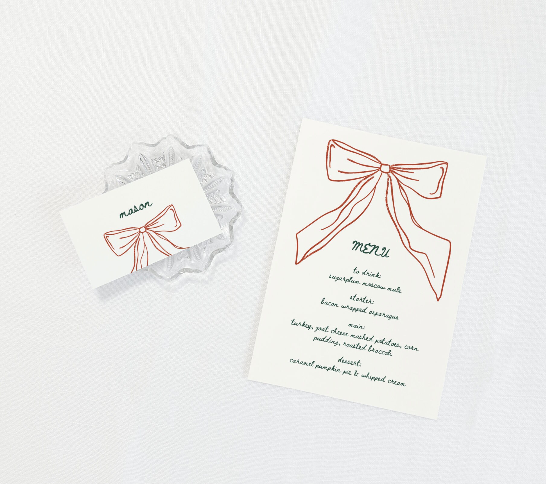 Big Bow Menu & Placecard Template, DIY Dinner Party Invitation, Hand ...