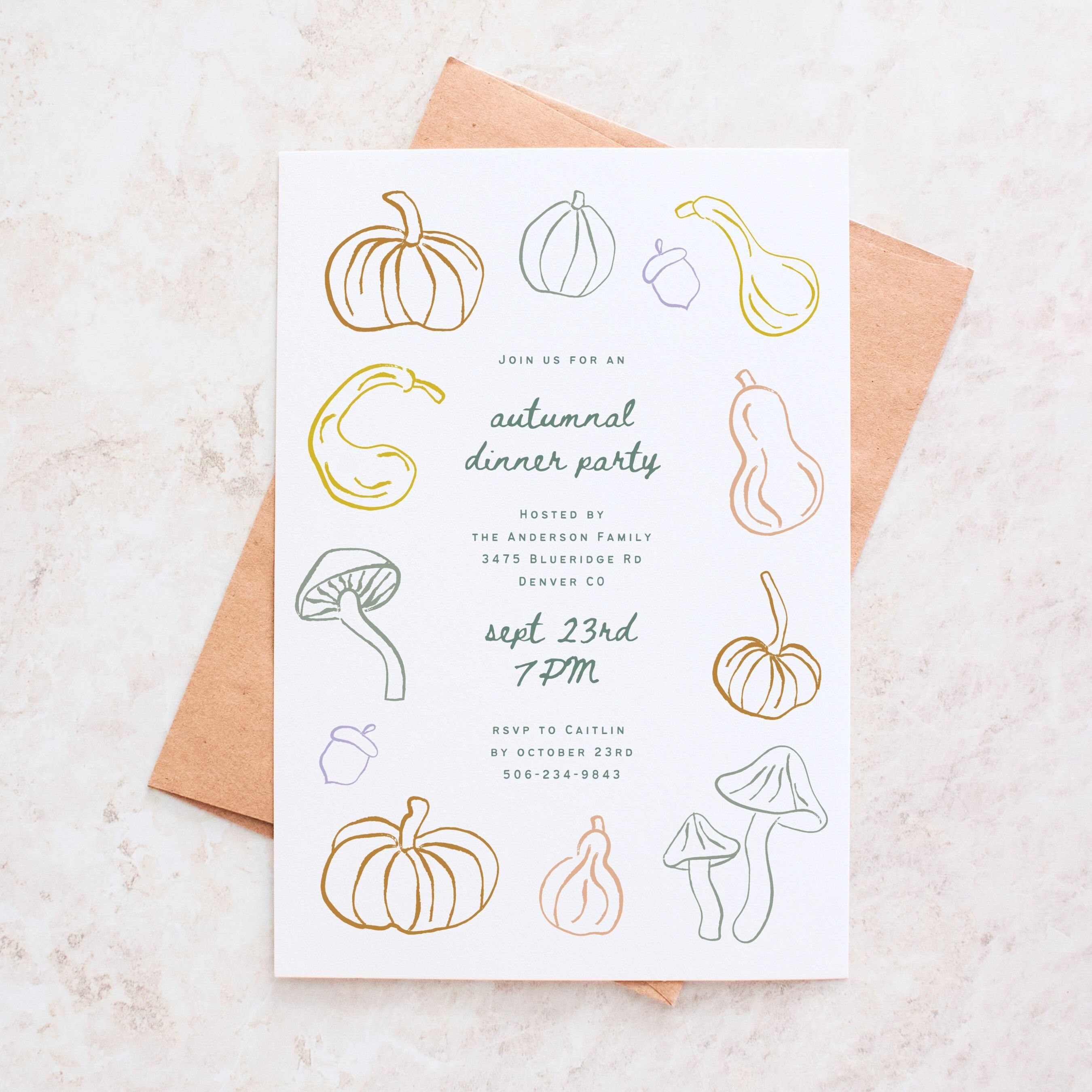Friendsgiving Dinner Party Invitation, Pastel Pumpkin Gourds ...
