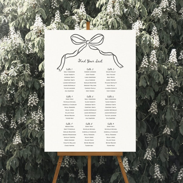 SEATING CHART Reception Signage Hand-drawn Bow, Printable Wedding Table Plan, Editable Custom Sign, Canva Template, Find Your Seat Sign