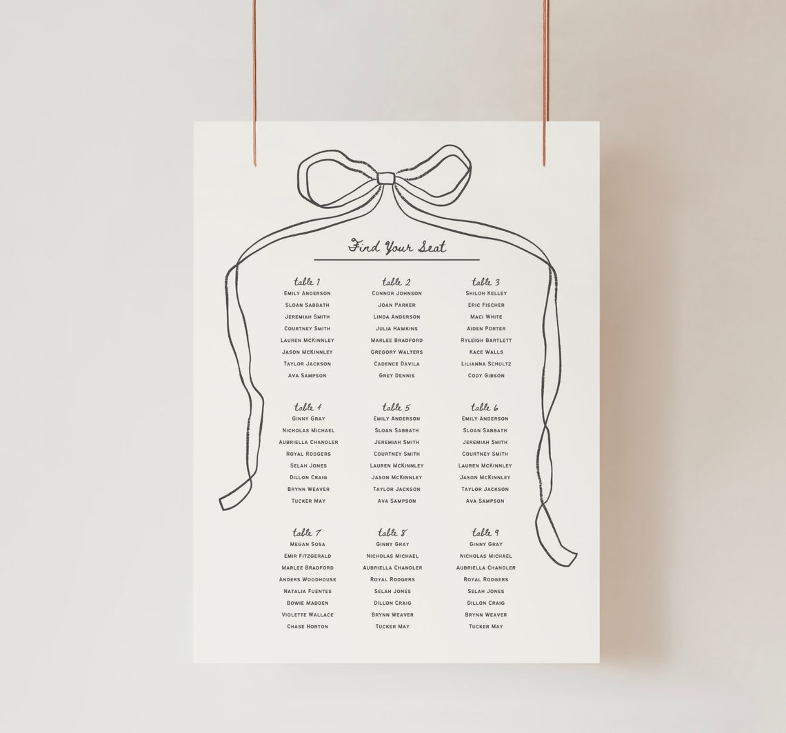 SEATING CHART Reception Signage Simple Ribbon Bow, Printable Wedding ...
