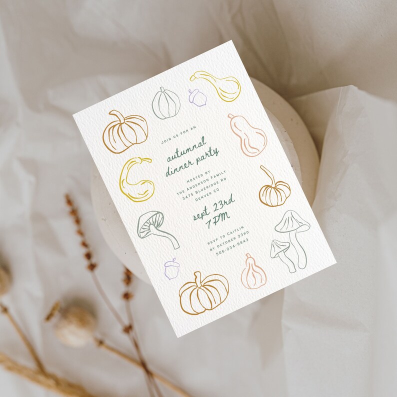 Friendsgiving Dinner Party Invitation, Pastel Pumpkin Gourds ...