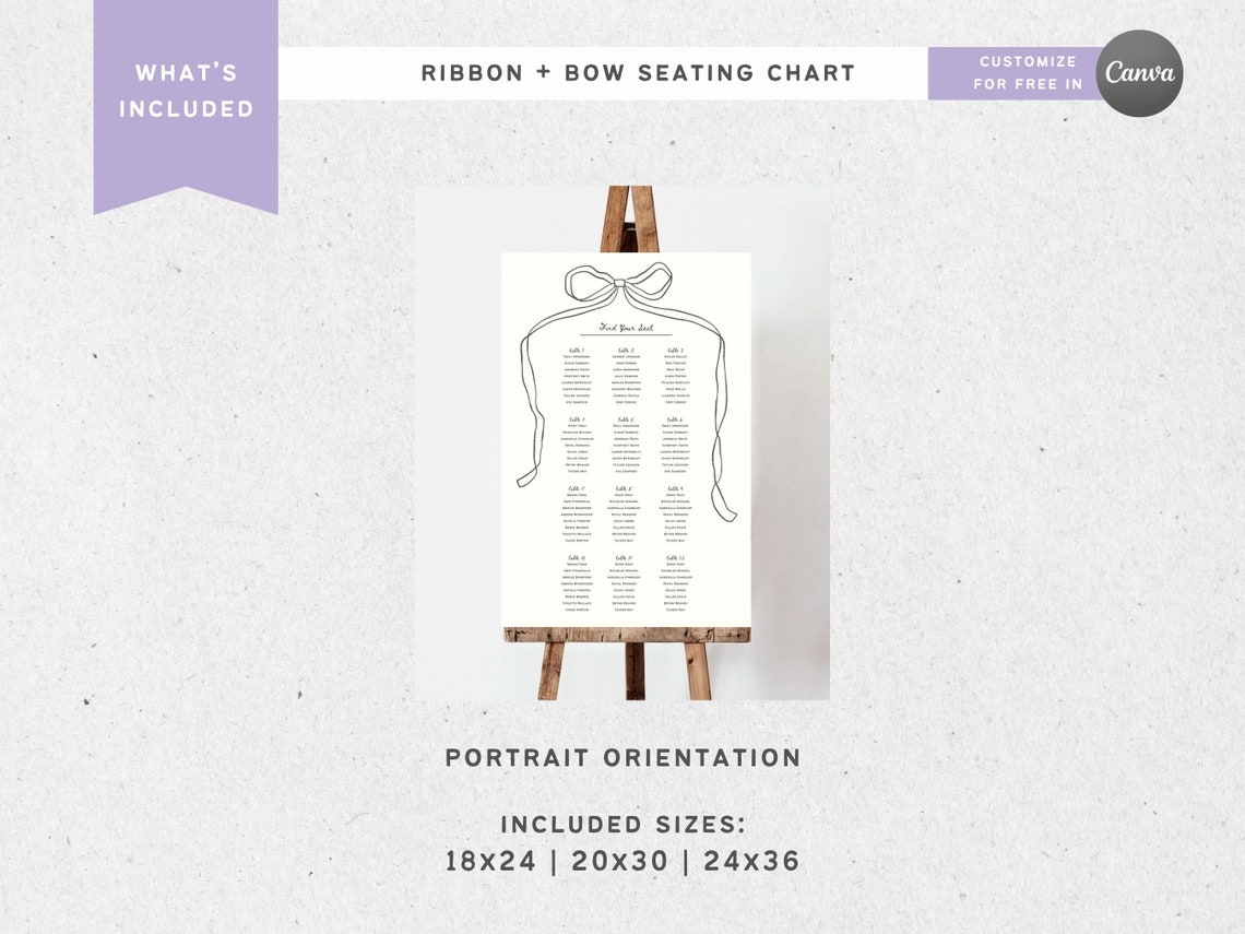 SEATING CHART Reception Signage Simple Ribbon Bow, Printable Wedding ...