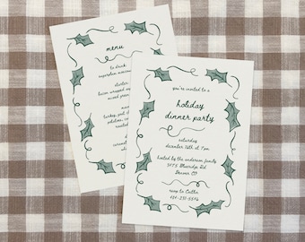 Holly Leaves Invite Menu Template, DIY Dinner Party Invitation, Hand-drawn Christmas, Minimalistic Aesthetic Holiday Invitation Canva