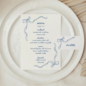 Strikmenu & placecardsjabloon, DIY-strikje brunchmenu, trouwmenu, handgetekende strik, minimalistisch esthetisch neutraal kaarten Canva