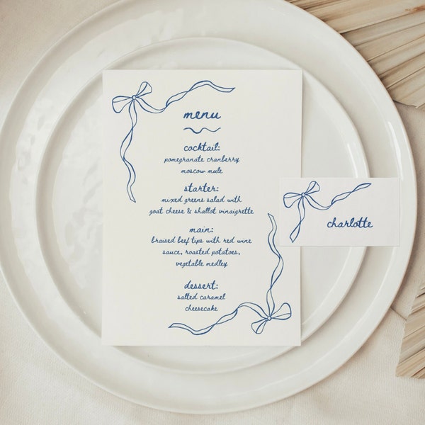 Bow Ribbon Menu & Placecard Template, DIY Bow Brunch Menu, Wedding Menu, Hand-drawn Ribbon Bow, Minimalistic Aesthetic Neutral Cards Canva