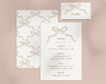 Hand-drawn Bow Menu & Placecard Template, DIY Bow Brunch Menu, Hand-drawn Ribbon Bow, Minimalistic Aesthetic Birthday Cards Canva