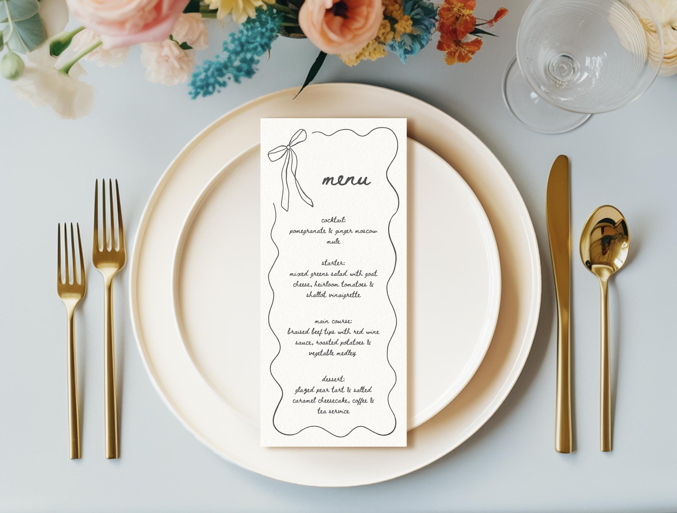 Wedding Reception Menu & Placecard Template: Ribbon Bow, Minimalist ...