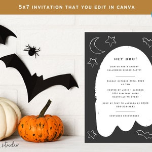 Cute and Spooky Ghost Silhouette Halloween Party Invitation, editable template in Canva, instant download