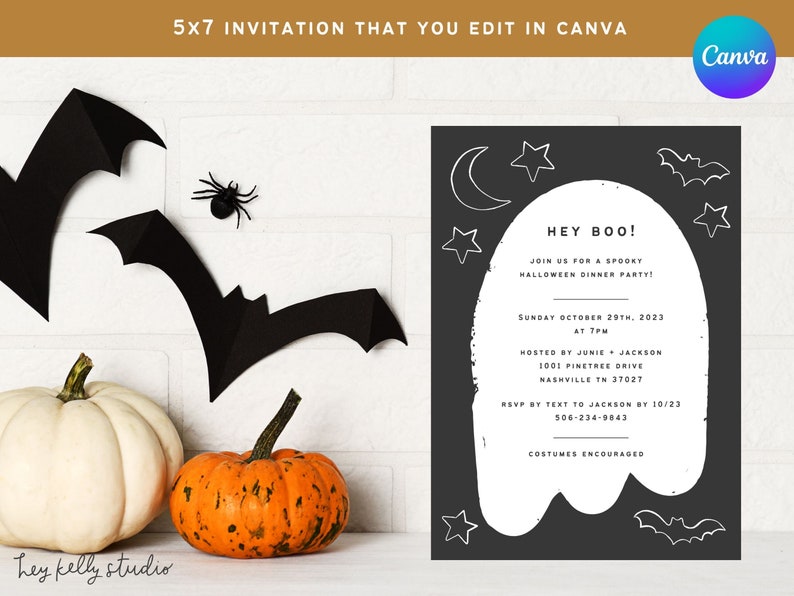 Cute and Spooky Ghost Silhouette Halloween Party Invitation, editable template in Canva, instant download