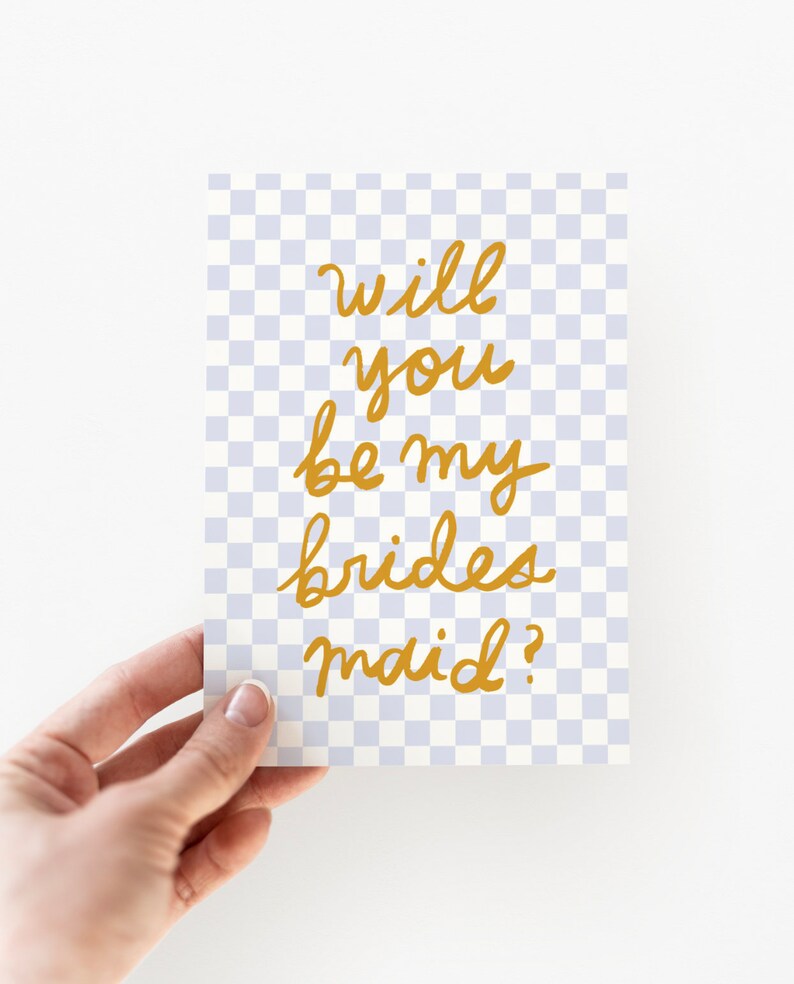 checkerboard pattern with hand-lettered bridesmaid proposal card, be my maid of honor card, custom printable DIY canva wedding card template for bridesmaid gift