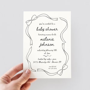Hand Drawn Bow and Ribbon Simple Squiggle Minimal Boho Birthday Brunch Bridal Shower Invitation Template Bundle, editable in canva, printable Invite by Hey Kelly Studio, DIY party invite template