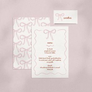 Galentine's Bow Squiggle Menu & Placecard-sjabloon, uitnodiging DIY-brunch, handgetekende strik, minimalistische menukaart Valentijnskaarten Canva