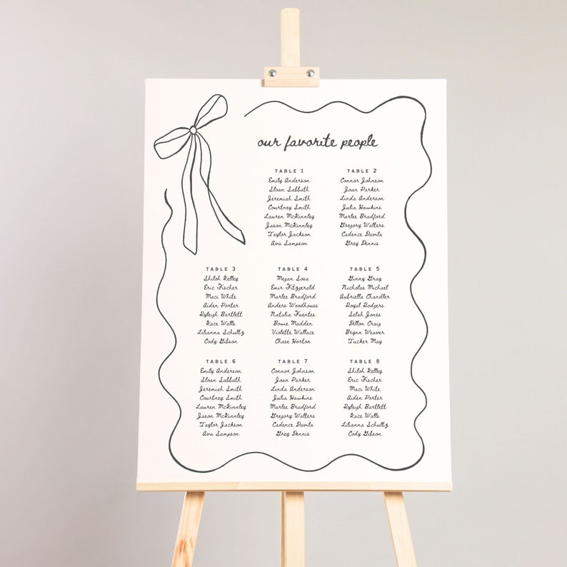 Hand Drawn squiggle wavy ribbon bow Reception Seating Chart, French Vintage Inspired Table plan for wedding, editable template for Canva, printable wedding signage, find your seat