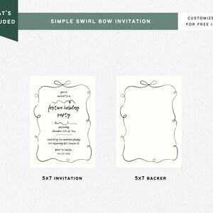 May include: A printable 5x7 inch invitation and matching backer card with a simple swirl bow design. The invitation text reads "You're invited to a festive holiday party, Saturday, December 12th at 7pm, hosted by the Anderson family, 1212 Alexander Rd, Denver CO, RSVP to [phone number]"