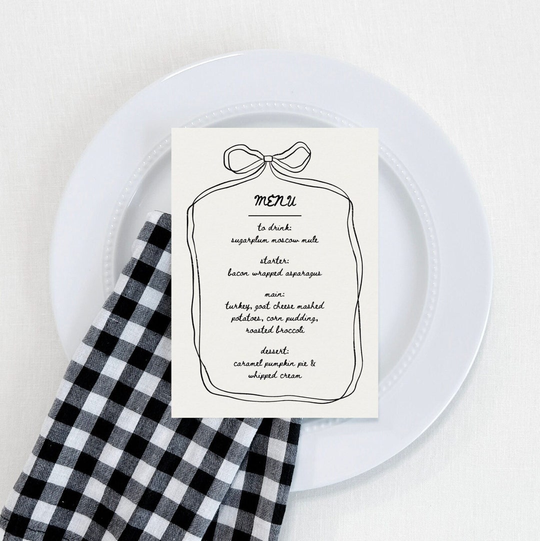 Ribbon Bow Menu & Placecard Template, DIY Dinner Party Menu Card, Hand ...
