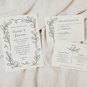 Hand Drawn Botanical Floral Wedding Invitation Suite, vintage french look, editable canva templates, printable wedding stationery, rsvp and details card included