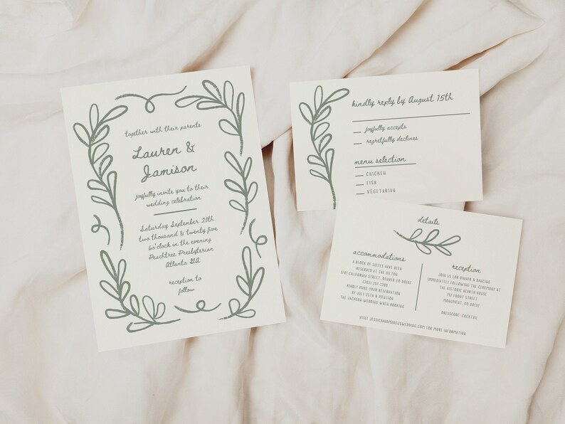 Hand Drawn Botanical Floral Wedding Invitation Suite, vintage french look, editable canva templates, printable wedding stationery, rsvp and details card included