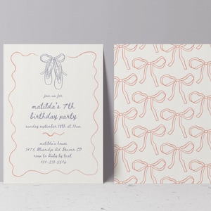 Handgezeichnete Ballettschuh-Kringel einladen Vorlage, DIY-Geburtstags-Party Einladung, Handgezeichnete, minimalistische Rosa druckbare Einladung Canva
