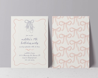 May include: A white invitation with a pink border and a blue illustration of ballet shoes. The text reads "join us for matilda's 7th birthday party sunday september 18th at 10am matilda's house 3475 Blueridge Rd Denver CO rsvp to Ruby by text 404-231-5546".