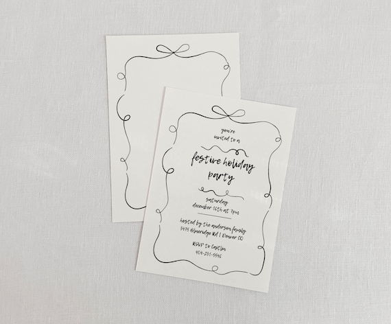 Ribbon Bow Minimal Invitation Template, DIY Party Invitation, Hand-drawn Ribbon, Minimalistic Aesthetic Holiday Editable Invitation Canva