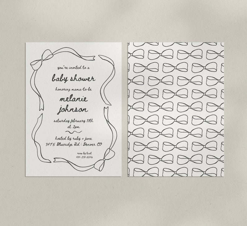 Wavy Bow Ribbon Invite Template, Birthday Party Brunch Invitation, Shower Invite, Illustrated Bow, Minimalistic Printable Invitation Canva image 7