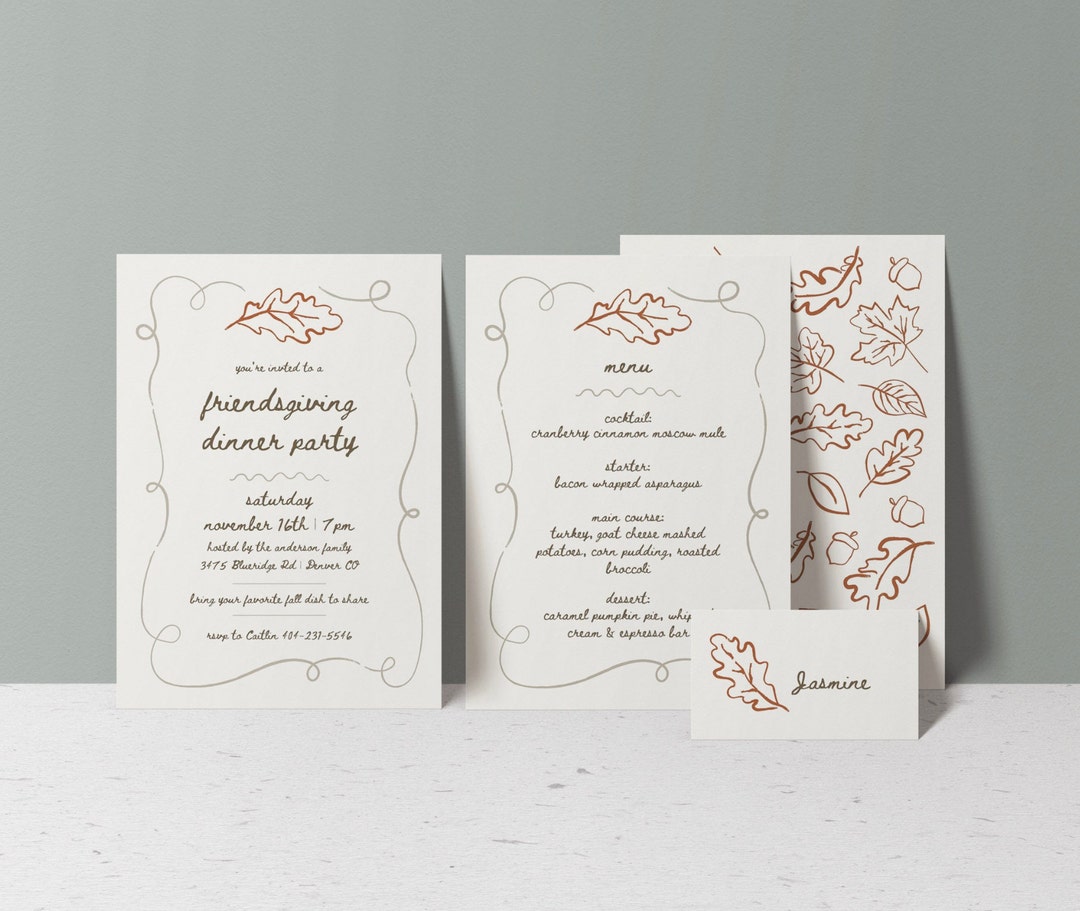 Menu Order Invite Friendsgiving Invite & Menu Bundle, Autumnal Fall Leaf Dinner Party ...
