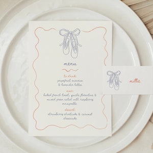 Modello di menu e segnaposto per scarpe da danza classica, menu di scarpe da danza fai da te, festa da ballo disegnata a mano, carte neutre estetiche minimaliste Canva