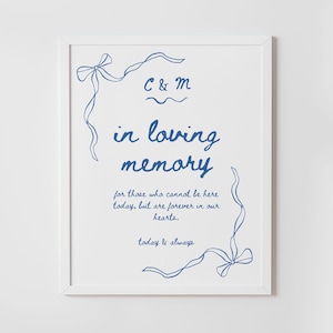 May include: A white framed print with blue text that reads "C & M in loving memory for those who cannot be here today, but are forever in our hearts. today & always". The text is surrounded by a blue ribbon design.