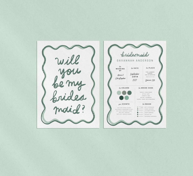 hand-drawn wavy squiggle border bridesmaid & maid of honor, flower girl proposal card with coordinating info cards, editable canva template, printable wedding stationery