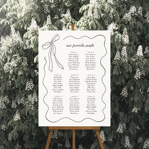 Hand Drawn squiggle wavy ribbon bow Reception Seating Chart, French Vintage Inspired Table plan for wedding, editable template for Canva, printable wedding signage, find your seat